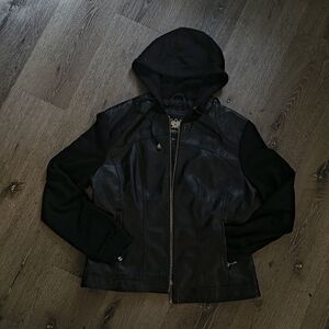 Black Pleather Jacket with Hood And Sweater Sleeves